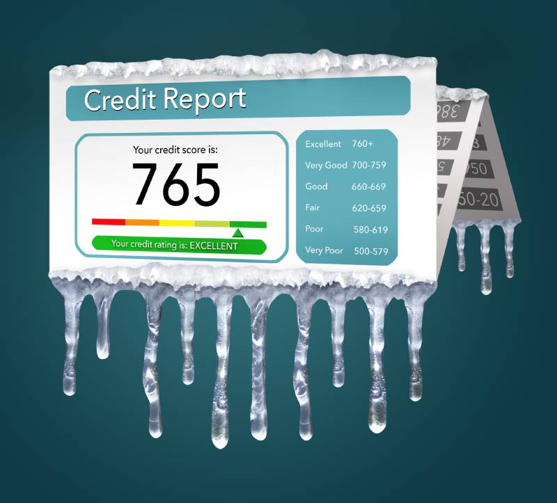 A credit report with icicles hanging from it, symbolizing a chilly reminder of the need for a credit freeze.