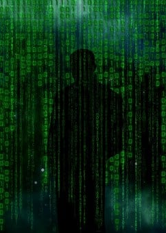 Silhouette of an identity thief surrounded by digital data representing the client matters handled by Schlanger Law Group