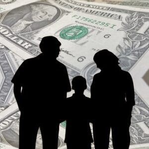 Silhouette of a family with money in the background depicting family fraud clients that trust Schlanger Law Group to protect their legal rights.