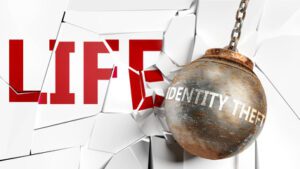 Photo of a wrecking ball that says, "Identity Theft" shattering the word, "Life" depicting the devastation faced by ID theft victims and how Schlanger Law Group can help