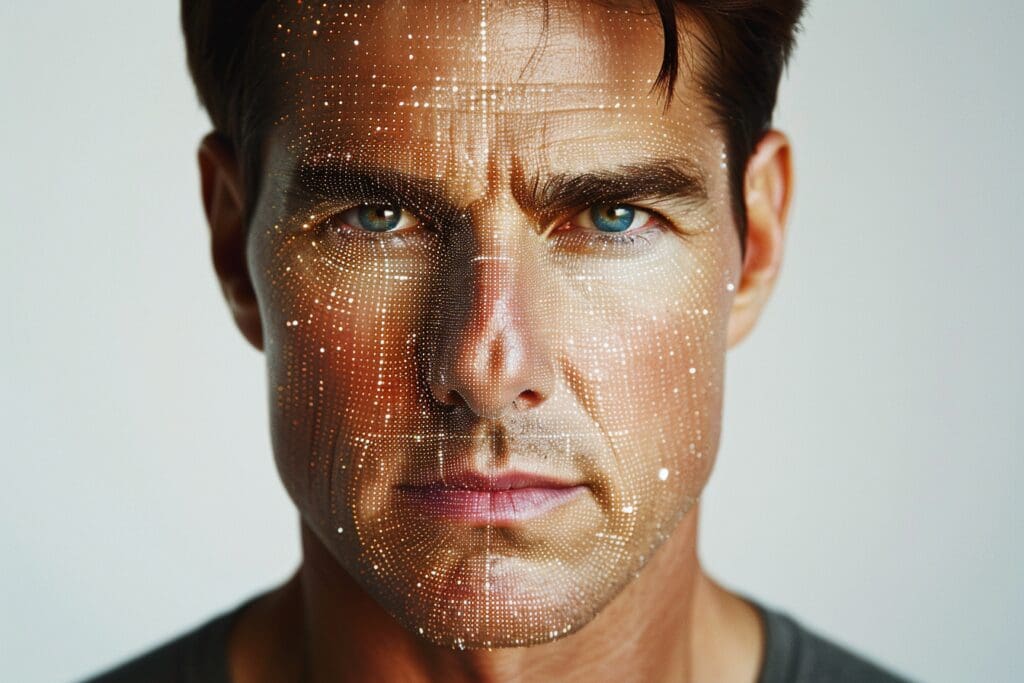 Portrait of Tom Cruise with face partially obscured by grid of dots.