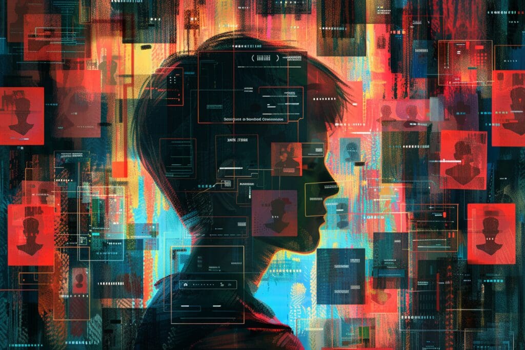 A woman's face with a digital glitch effect.